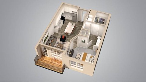 A 3D rendered image of a house layout.